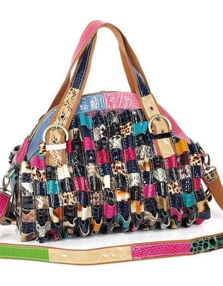 Quality Leather Colorful Geometric Pattern Stitching Handbag