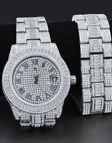 Bling Master Oyster Baguette Bezel Iced Out Watch & Bracelet Set