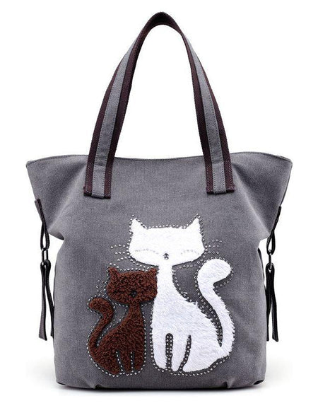 Cat Pattern Embroidered One-Shoulder Canvas Handbag For Lady