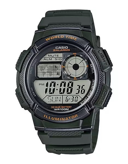 CASIO SPORT Mod. DIVER - WORLD TIME ILLUMINATOR 5 ALARMS. 10 YEARS BATTERY - ARMY GREEN-0