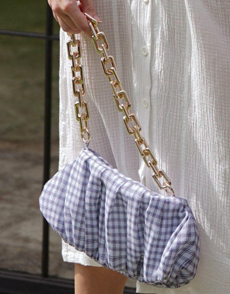 AWAN Ruffle Bag in Navy Blue Gingham – A Touch of Tropical Elegance