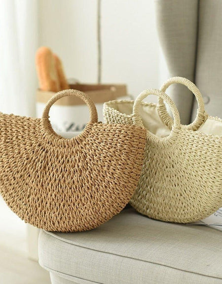 Designer Handbag: Summer Top Handle Semi Circle Straw Bag