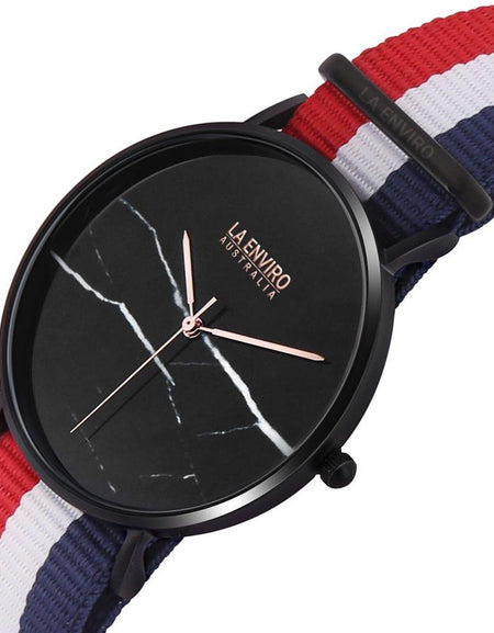 Black Marble Watch with Red, Blue & White NATO Strap | 40 MM