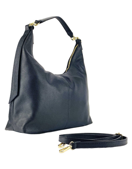 RB1017A | Borsa Donna a spalla Morbida in Vera Pelle Made in Italy con manico singolo e tracolla removibile. Attacchi con moschettoni in metallo Oro Lucido - Colore Nero - Dimensioni: cm 36 x 40 x 13-0