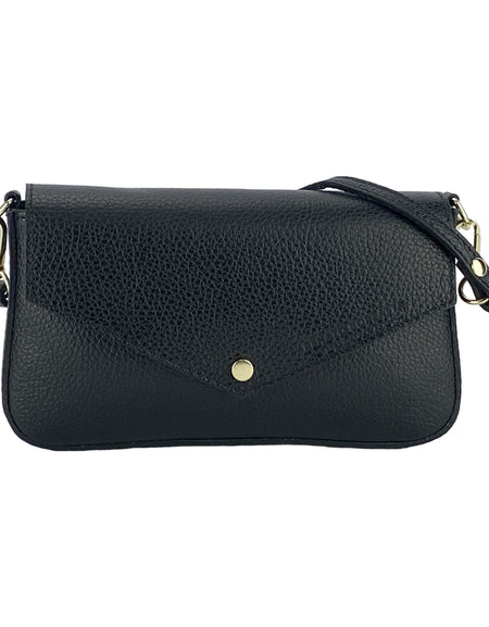 RB1023A | Borsa piccola a Spalla con Tracolla a catena removibile in Vera Pelle Made in Italy. Pattina di Chiusura. Accessori in metallo Oro Lucido - Colore Nero - Dimensioni: cm 22 x 12 x 3-1