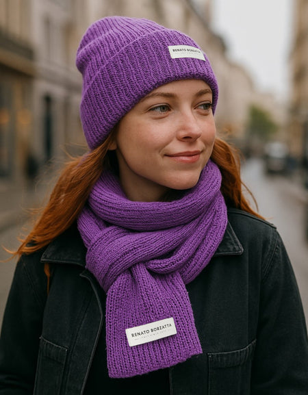 RB5004Y | Set Sciarpa e Berretto in Maglia CERVINO Misto Lana Made in Italy. Colore Viola - Taglia Unica-1