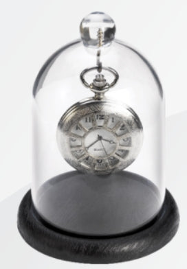 Espositore per orologi da tasca con campana in plexiglass e base in legno / Pocket watches display, plexiglass bell and wooden base (watch not incl.)-0