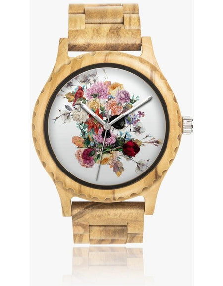 Jacki Easlick Floral Skull Italian Olive Lumber Wooden Watch