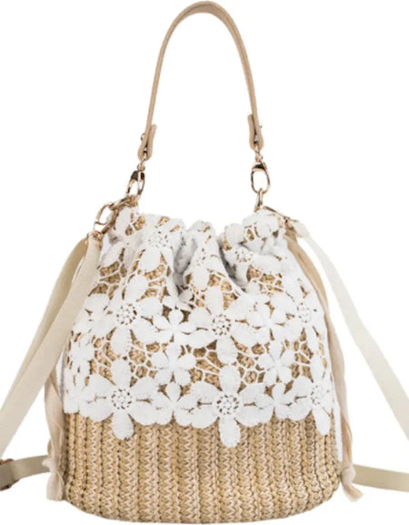 Luxurious Summer Crossbody Straw Bucket with Lace