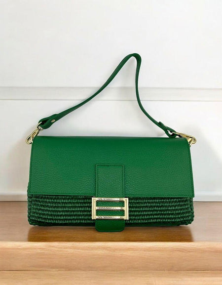 Luxurious Woven Raffia and Genuine Leather Italian Leather Clutch Bag, Crossbody