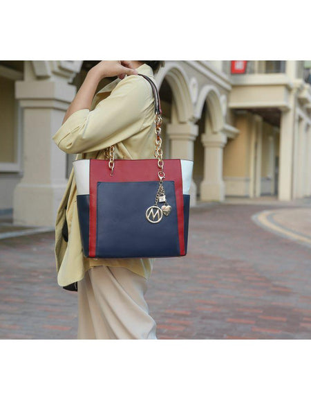 Rochelle Vegan Color Block Vegan Leather Women Tote Bag with Wristlet