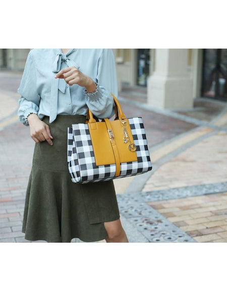 Yuliana Checkered Satchel Bag with Wallet