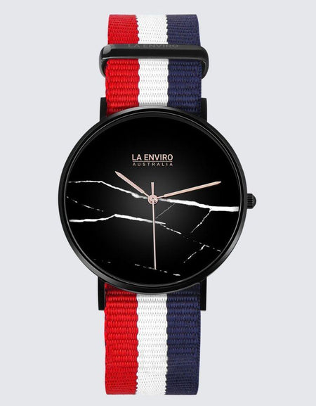 Black Marble Watch With Red, Blue & White Nato Strap I 40 MM-1