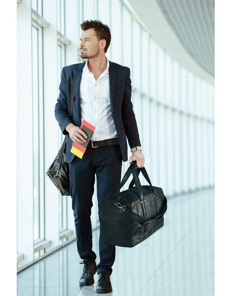 K0024AB | Borsone da Viaggio in Canvas/Vera Pelle, pieno fiore, volanata - Colore Nero. Accessori Nickel Anticato, Chiusura con lampo. Dimensioni: cm 48 x 31 x 22 - Confezione: Sacchetto Tnt-1