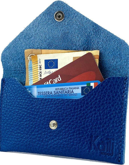 K0040DB | Bustina con pattina Made in Italy in Vera Pelle pieno fiore, grana dollaro - Colore Blu - Dimensioni: cm 13 x 8 x 0,5 - Confezione: Gift Box rigido fondo/coperchio-0