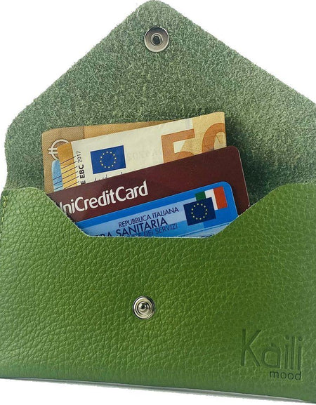 K0040EB | Bustina con pattina Made in Italy in Vera Pelle pieno fiore, grana dollaro - Colore Verde - Dimensioni: cm 13 x 8 x 0,5 - Confezione: Gift Box rigido fondo/coperchio-0