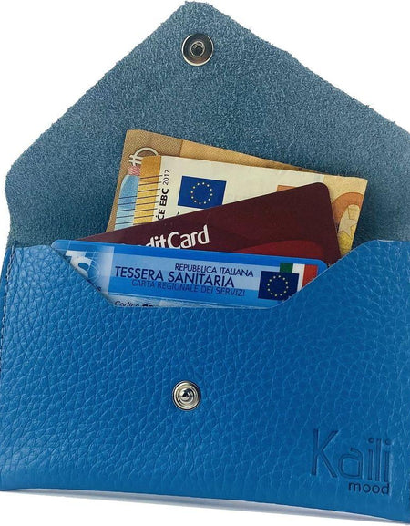 K0040OB | Bustina con pattina Made in Italy in Vera Pelle pieno fiore, grana dollaro - Colore Azzurro - Dimensioni: cm 13 x 8 x 0,5 - Confezione: Gift Box rigido fondo/coperchio-0