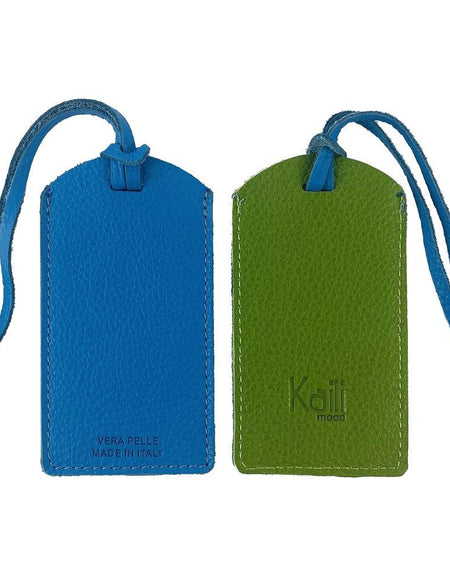 K0041EOB | Targhetta bagaglio Bicolore Made in Italy in Vera Pelle pieno fiore, grana dollaro - Colore Verde/Azzurro - Dimensioni: cm 6,5 x 12 - Confezione: Gift Box rigido fondo/coperchio-0