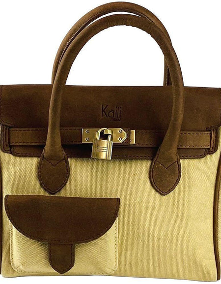 K0042ALCB | Borsa a Mano Mini in Canvas/Vera Pelle Made in Italy. Tracolla removibile. Attacchi con moschettoni in metallo Ottone Anticato - Colore Corda - Dimensioni: cm 24 x 20 x 12-1