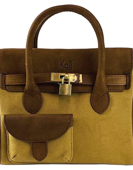 K0042BACB | Borsa a Mano Mini in Canvas/Vera Pelle Made in Italy. Tracolla removibile. Attacchi con moschettoni in metallo Ottone Anticato - Colore Nocciola - Dimensioni: cm 24 x 20 x 12-1
