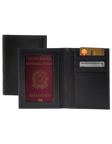 K10222AB | Porta Documenti + Passaporto in Vera Pelle pieno fiore, con leggera grana. Colore Nero. Dimensioni da chiuso: cm 10 x 14 x 1 - Confezione: Gift Box rigido fondo/coperchio-1