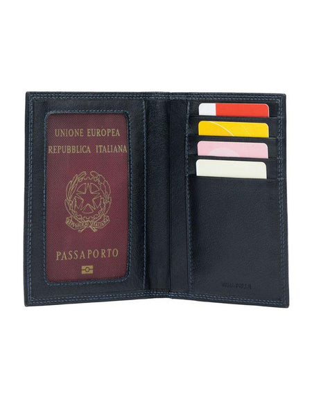 K10222AB | Porta Documenti + Passaporto in Vera Pelle pieno fiore, con leggera grana. Colore Nero. Dimensioni da chiuso: cm 10 x 14 x 1 - Confezione: Gift Box rigido fondo/coperchio-0