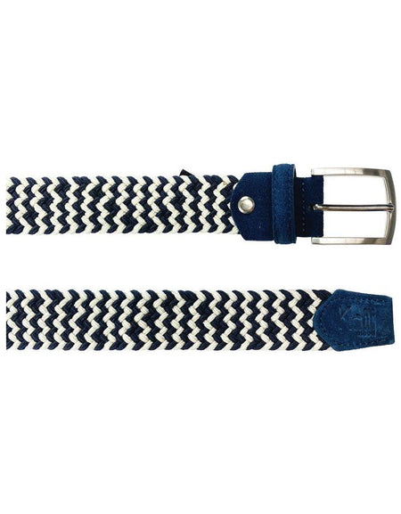 K4004JB | Cintura Intrecciata in Elastico/Pelle. Colore Blu/Ecrù. Fibbia Nickel Satinato. Dimensioni: cm 120x3,5x0,5 (giro vita cm 105). Confezione: Gift Box rigido fondo/coperchio-1