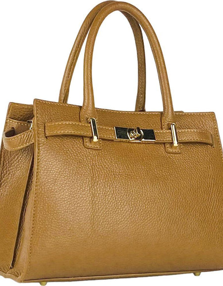 RB1016S | Borsa Donna a Mano in Vera Pelle Made in Italy con tracolla removibile. Attacchi con moschettoni in metallo Oro Lucido - Colore Cognac - Dimensioni: cm 28 x 20 x 14 + 12,5-1