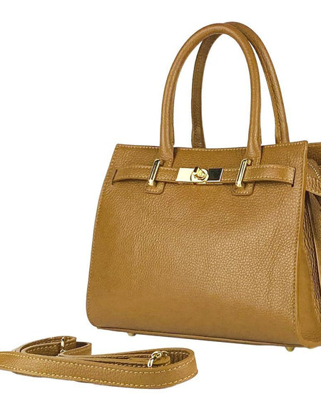 RB1016S | Borsa Donna a Mano in Vera Pelle Made in Italy con tracolla removibile. Attacchi con moschettoni in metallo Oro Lucido - Colore Cognac - Dimensioni: cm 28 x 20 x 14 + 12,5-0