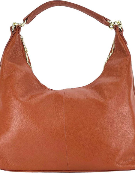RB1017AM | Borsa Donna a spalla Morbida in Vera Pelle Made in Italy con manico singolo e tracolla removibile. Attacchi con moschettoni in metallo Oro Lucido - Colore Paprika - Dimensioni: cm 36 x 40 x 13-1