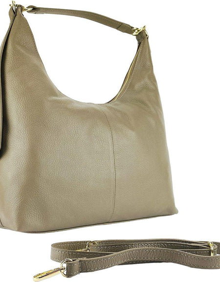 RB1017AQ | Borsa Donna a spalla Morbida in Vera Pelle Made in Italy con manico singolo e tracolla removibile. Attacchi con moschettoni in metallo Oro Lucido - Colore Taupe - Dimensioni: cm 36 x 40 x 13-0