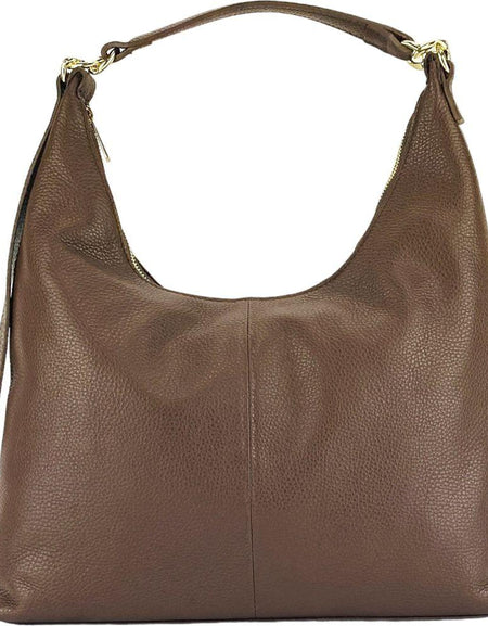 RB1017BV | Borsa Donna a spalla Morbida in Vera Pelle Made in Italy con manico singolo e tracolla removibile. Attacchi con moschettoni in metallo Oro Lucido - Colore Cioccolato - Dimensioni: cm 36 x 40 x 13-1