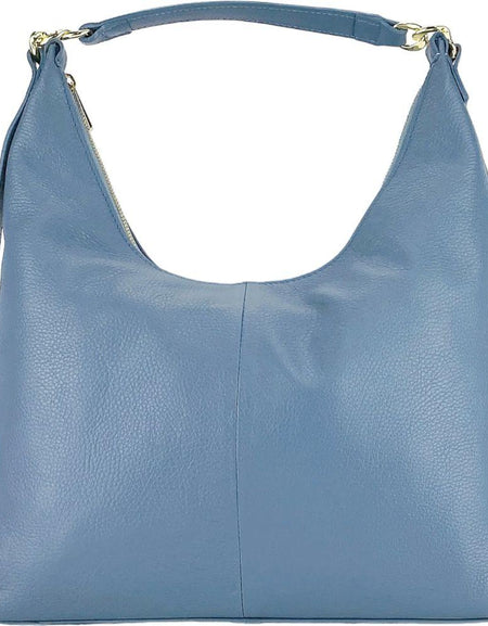 RB1017P | Borsa Donna a spalla Morbida in Vera Pelle Made in Italy con tracolla removibile. Attacchi con moschettoni in metallo Oro Lucido - Colore Avio - Dimensioni: cm 36 x 40 x 13-1