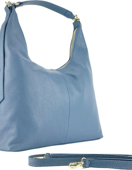 RB1017P | Borsa Donna a spalla Morbida in Vera Pelle Made in Italy con tracolla removibile. Attacchi con moschettoni in metallo Oro Lucido - Colore Avio - Dimensioni: cm 36 x 40 x 13-0