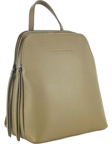 RB1018AQ | Zaino Donna Doppio scomparto in Vera Pelle Made in Italy con spallacci regolabili. Accessori in metallo Canna di Fucile - Colore Taupe - Dimensioni: cm 26 x 30 x 14,5-0