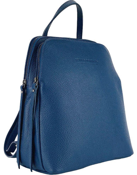 RB1018D | Zaino Donna Doppio scomparto in Vera Pelle Made in Italy con spallacci regolabili. Accessori in metallo Canna di Fucile - Colore Blu - Dimensioni: cm 26 x 30 x 14,5-0