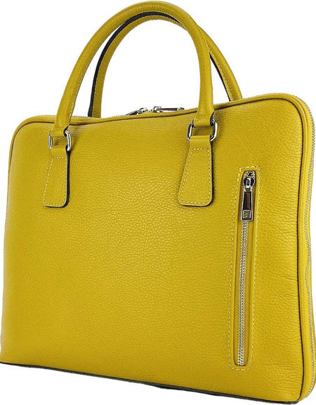 RB1019AR | Cartella Business Unisex in Vera Pelle Made in Italy con tracolla removibile. Attacchi con moschettoni in metallo Nickel Lucido - Colore Senape - Dimensioni: cm 37 x 29 x 6,5-0