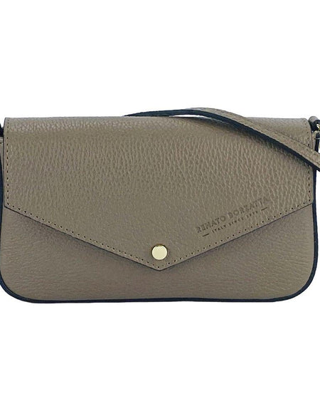 RB1023AQ | Borsa piccola a Spalla con Tracolla a catena removibile in Vera Pelle Made in Italy. Pattina di Chiusura. Accessori in metallo Oro Lucido - Colore Taupe - Dimensioni: cm 22 x 12 x 3-1