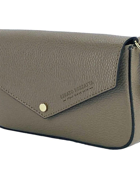 RB1023AQ | Borsa piccola a Spalla con Tracolla a catena removibile in Vera Pelle Made in Italy. Pattina di Chiusura. Accessori in metallo Oro Lucido - Colore Taupe - Dimensioni: cm 22 x 12 x 3-0