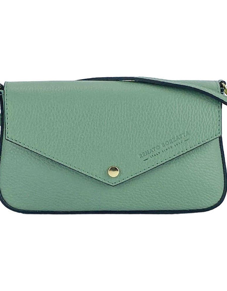 RB1023BF | Borsa piccola a Spalla con Tracolla a catena removibile in Vera Pelle Made in Italy. Pattina di Chiusura. Accessori in metallo Oro Lucido - Colore Menta - Dimensioni: cm 22 x 12 x 3-1