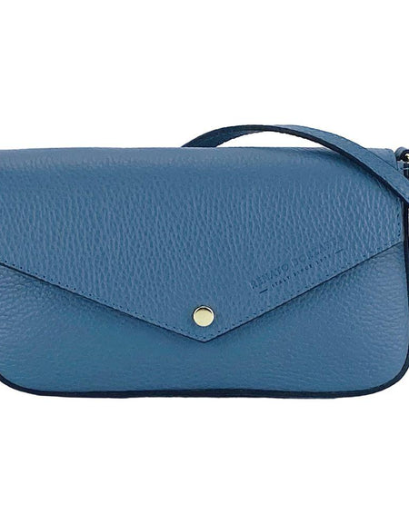 RB1023P | Borsa piccola a Spalla con Tracolla a catena removibile in Vera Pelle Made in Italy. Pattina di Chiusura. Accessori in metallo Oro Lucido - Colore Avio - Dimensioni: cm 22 x 12 x 3-1