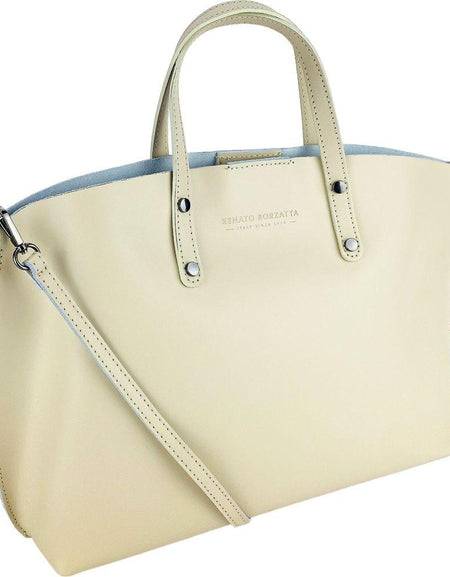 RB1024AL | Borsa Donna a Mano in Vera Pelle Made in Italy con tracolla removibile. Sacca grande interna estraibile. Accessori Canna di Fucile Lucido - Colore Beige - Dimensioni: cm 48x31x11-0