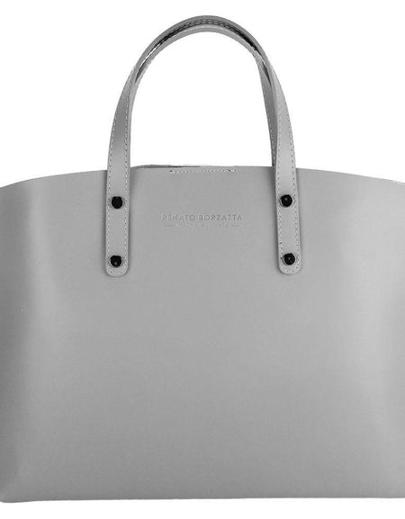 RB1024F | Borsa Donna a Mano in Vera Pelle Made in Italy con tracolla removibile. Sacca grande interna estraibile. Accessori Canna di Fucile Lucido - Colore Grigio - Dimensioni: cm 48x31x11-1