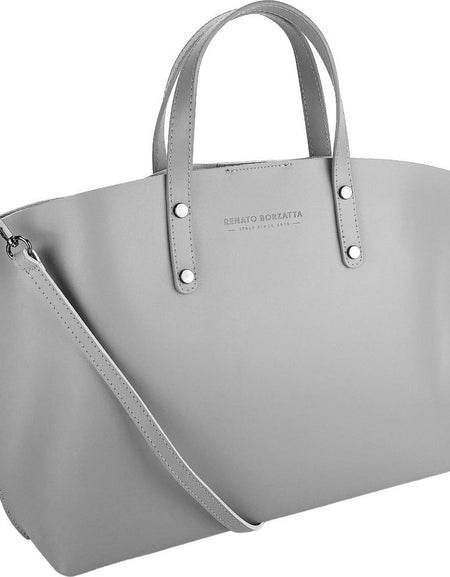 RB1024F | Borsa Donna a Mano in Vera Pelle Made in Italy con tracolla removibile. Sacca grande interna estraibile. Accessori Canna di Fucile Lucido - Colore Grigio - Dimensioni: cm 48x31x11-0