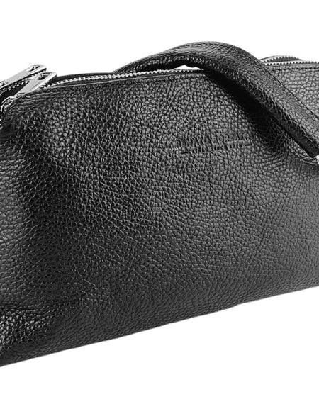 RB1025A | Borsa Donna a Mano con doppia lampo in Vera Pelle Made in Italy. Tracolla in pelle regolabile. Accessori Nickel Lucido - Colore Nero - Dimensioni: cm 26 x 14 x 9-1