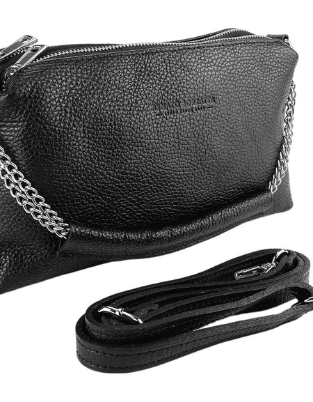 RB1025A | Borsa Donna a Mano con doppia lampo in Vera Pelle Made in Italy. Tracolla in pelle regolabile. Accessori Nickel Lucido - Colore Nero - Dimensioni: cm 26 x 14 x 9-0