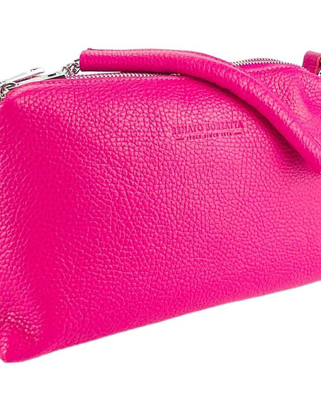 RB1025BE | Borsa Donna a Mano con doppia lampo in Vera Pelle Made in Italy. Tracolla in pelle regolabile. Accessori Nickel Lucido - Colore Fuxia - Dimensioni: cm 26 x 14 x 9-1