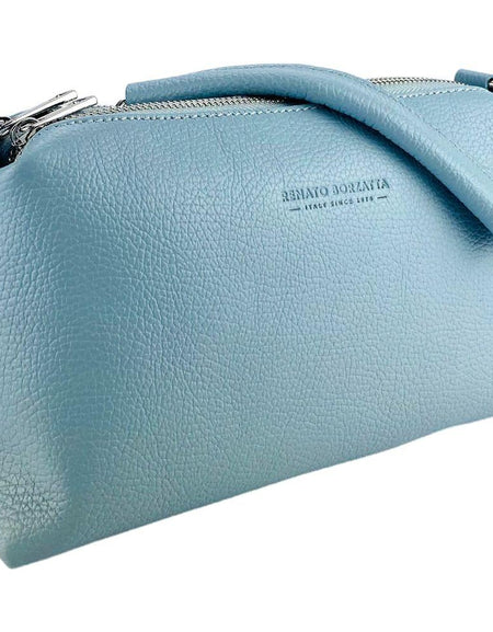 RB1025CL | Borsa Donna a Mano con doppia lampo in Vera Pelle Made in Italy. Tracolla in pelle regolabile. Accessori Nickel Lucido - Colore Celeste - Dimensioni: cm 26 x 14 x 9-1