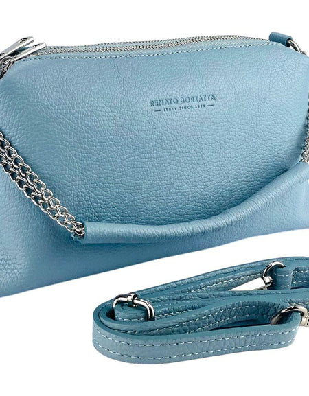 RB1025CL | Borsa Donna a Mano con doppia lampo in Vera Pelle Made in Italy. Tracolla in pelle regolabile. Accessori Nickel Lucido - Colore Celeste - Dimensioni: cm 26 x 14 x 9-0