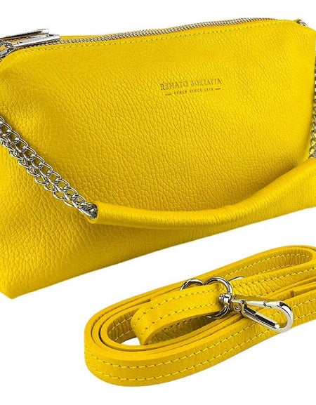 RB1025R | Borsa Donna a Mano con doppia lampo in Vera Pelle Made in Italy. Tracolla in pelle regolabile. Accessori Nickel Lucido - Colore Giallo - Dimensioni: cm 26 x 14 x 9-0